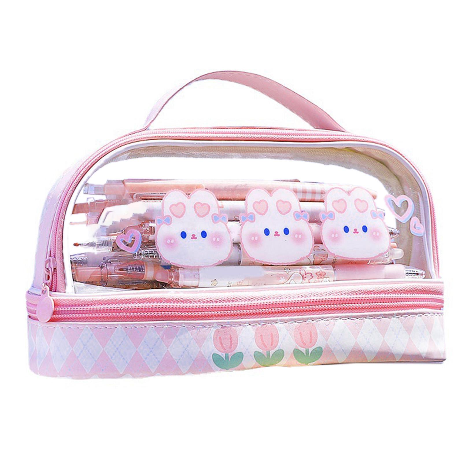 

Waterproof Pencil Pen Case Cartoon Cute Transparent Stationary Bag with Zipper for School Students Makeup Travel Pink