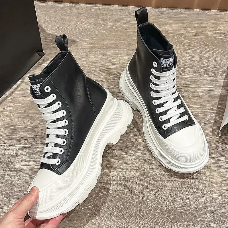 Fashion Woman Short Shoes With Laces Black Canvas Lace-up Booties Pu Autumn Hot Fashion 2024 Footwear New In Y2k Ankle Boots for Women