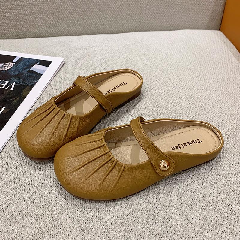 Soft Bottom Pleated Baotou Half Slippers Women's Spring and Summer Outer Wear New One-pedal Evening Breeze Flat Bottom Cool Slippers