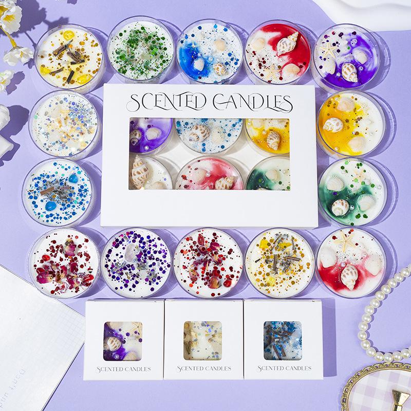 Glitter Crystal Aromatherapy Candle Set with Dried Flowers & Shells - Soy Wax Gift