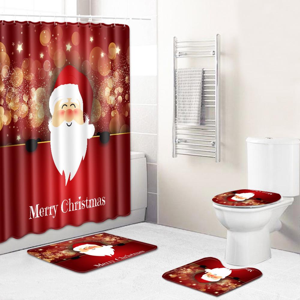 Christmas Toilet Seat Shower Curtain Four-Piece Printed Floor Mat Set Bathroom Floor Mat Bedroom Absorbent Door Mat Carpet