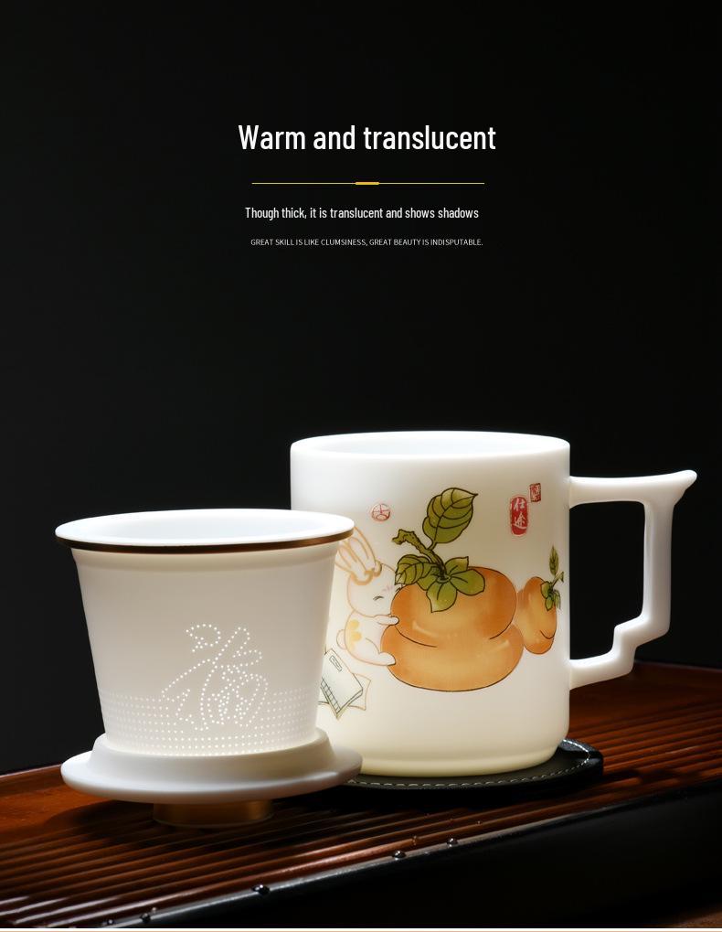 Handmade Mutton Fat Jade Porcelain Mug with Lid and Filter - Luxury Office Teacup