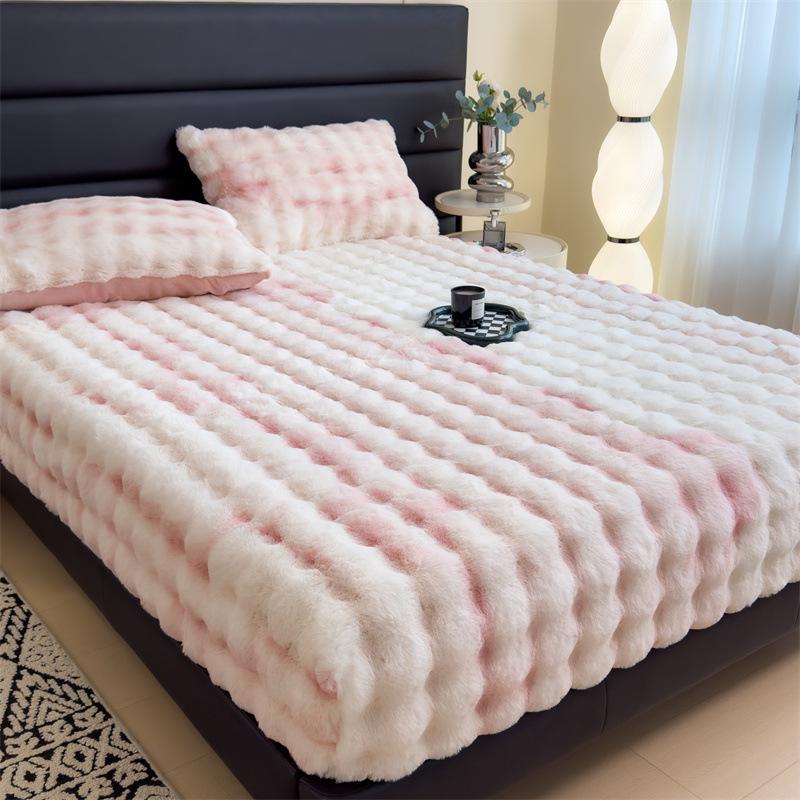 Plush Fleece-Lined Rabbit Fur Fitted Sheet Set - Double Bed, Winter Warmth, 3-Piece Mattress Protector