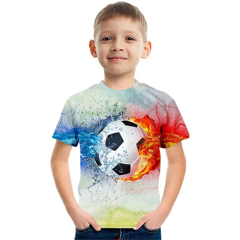 Summer Round Neck 3D Colorful Football Pattern Printed Top Fashionable Casual Short Sleeved Children's Boy T-shirts