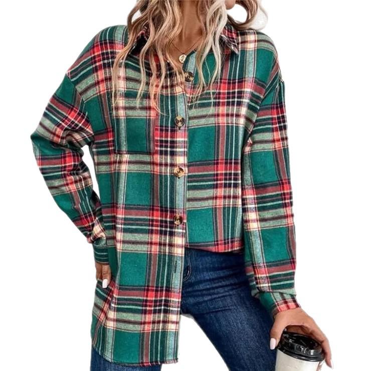 2026 Women s Retro Plaid Long Sleeve Slimming Shirt - Multi-color, Loose, Versatile Top for Autumn/Winter S зелёный