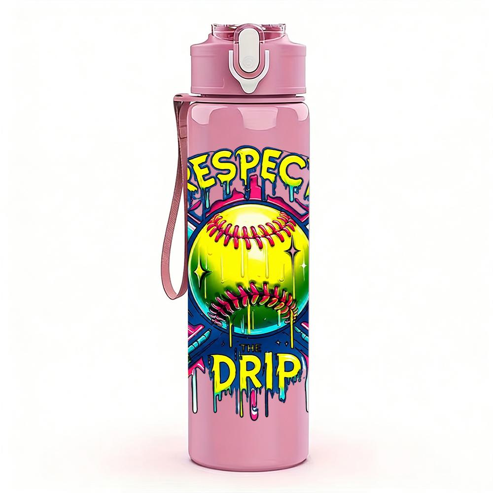 1PC Softball Respect Drip Letter Art 750ml Color Plastic Water Bottle Leakproof Flip Straw Lid For Sports Office Home Use