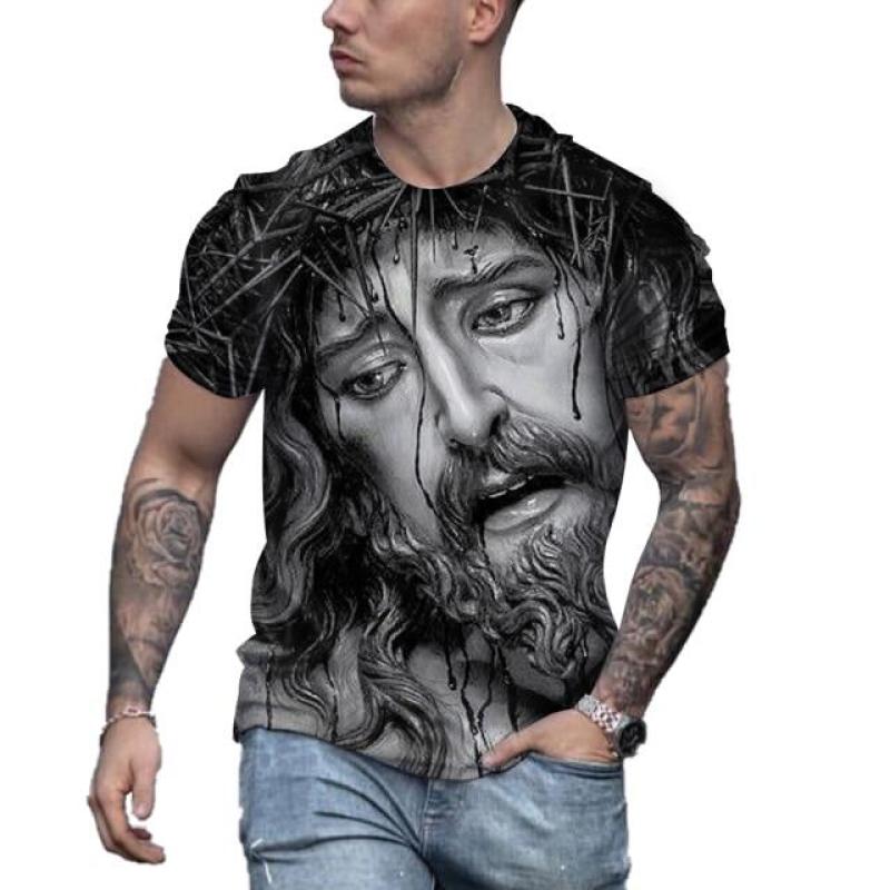 Retro Men's T-shirt Jesus Pattern T-shirt Men's Casual Short sleeved T-shirt Quick Drying Large Clothing Top Street Clothing