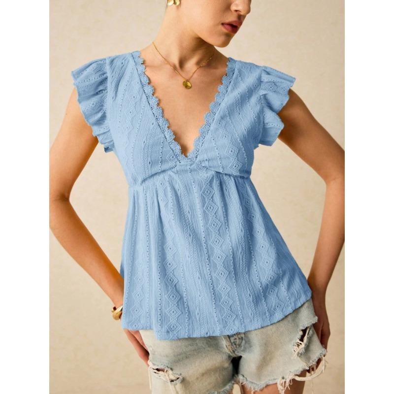 Camisa de Mujer Verano Calada Vacaciones Cuello en V Fruncida Manga Corta Encaje Blanca Blusa Moda Mujer Elegantes Tops Ajuste Ceñido Casual Suelta Camisas Femeninas