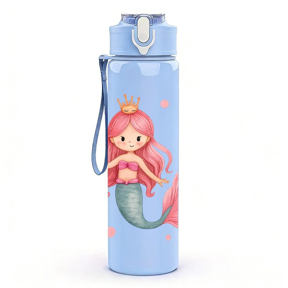 1 Stück Rosa Meerjungfrauenprinzessin Cartoon 750ml Farbe Kunststoff Sportwasserflasche Auslaufsicher Klappdeckel mit Strohhalm Geeignet für Sport Büro Heimgebrauch