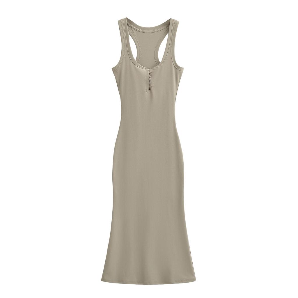 U-neck low-cut button-fitting dress, long dress, pure lust, Spice Girl sleeveless hip-wrapped skirt, slim bottom vest skirt