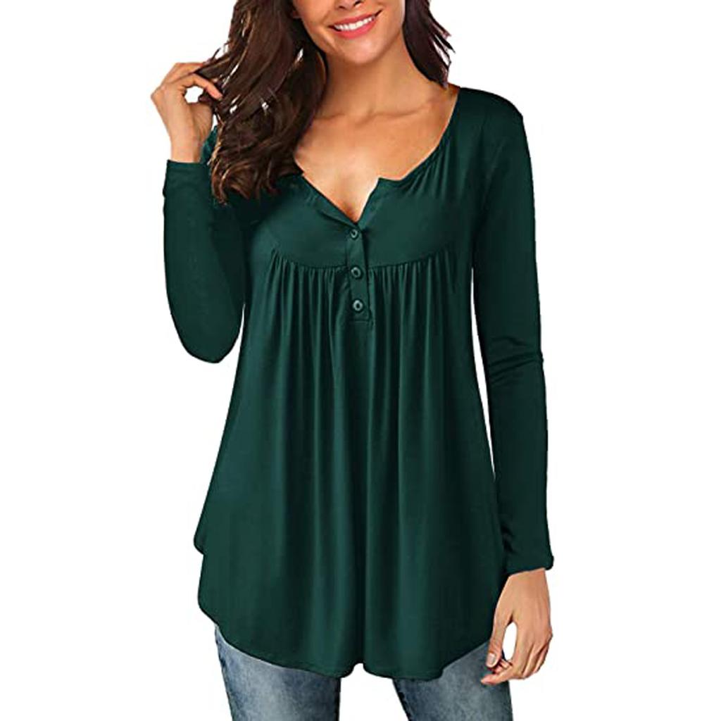 Ladies Fashion V-neck Button Pleated Long-sleeved Sleeves Two-wear Loose Top