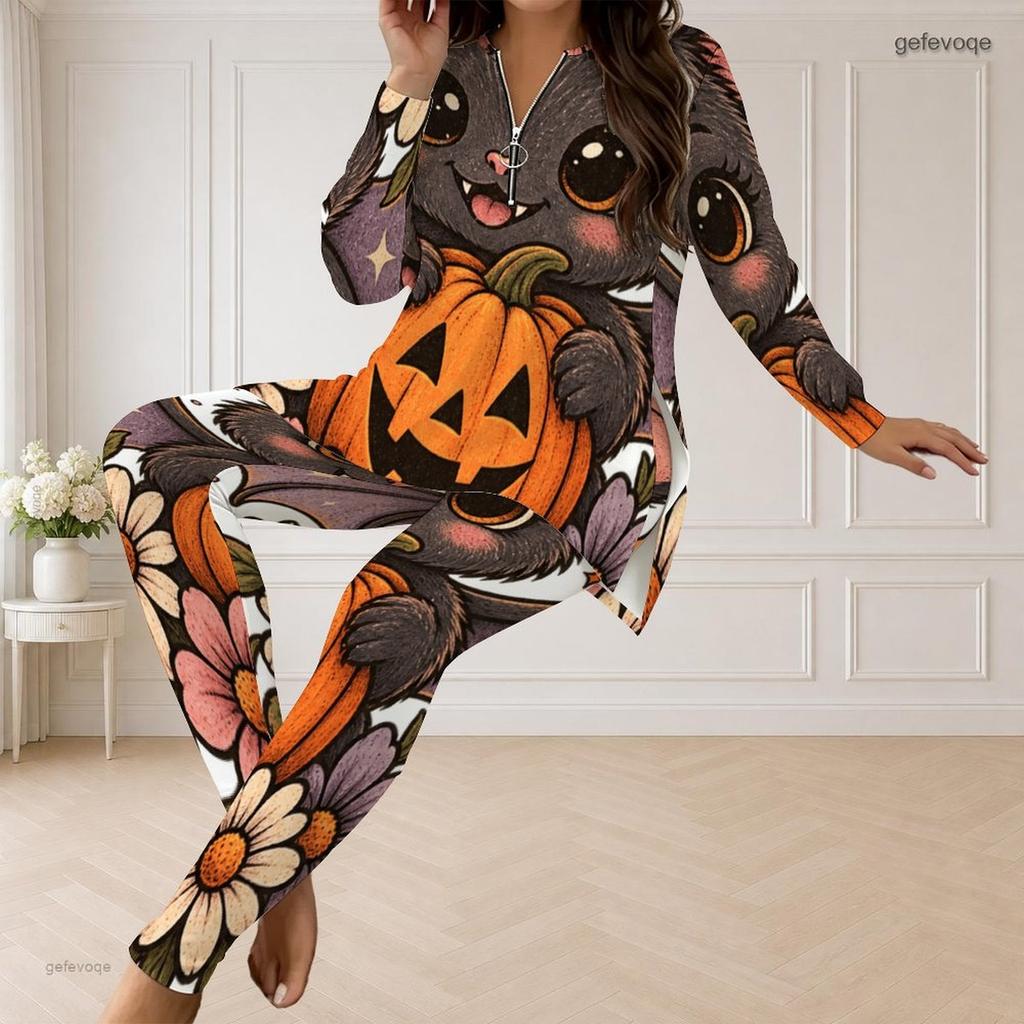 Women Plus Size Halloween Cartoon Printed Half Zip Long Sleeve Top And Fitted Pants Two Piece Set
