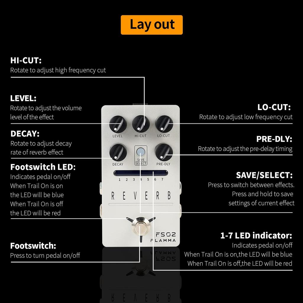 Seiko FS02 Digital Reverb Guitar Pedal 7 Effects Trail On Buffered Bypass Stereo