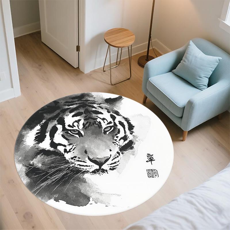 Black and White Ink Tiger Round Area Rug,Carpet Rug for Living Room Bedroom Sofa Playroom Decor,Non-slip Floor Mat
