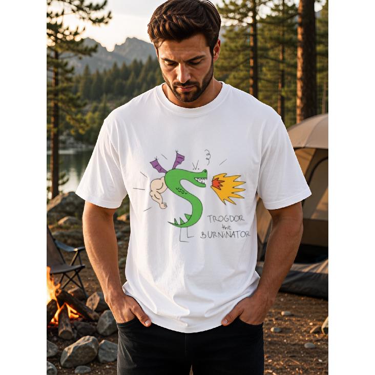 Men s Trogdor Burninator T-Shirt - Green Dragon Breathing Fire with Medieval Cartoon Text & Trogdor Suitable for - Casual Wear, Round Neck Regular S белый