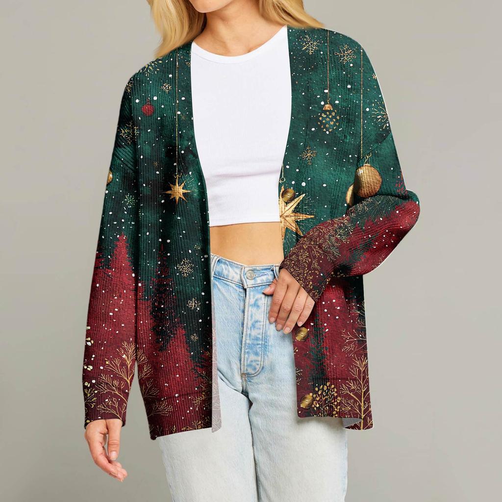 Women's Fashion Long Sleeve Christmas Print V-Neck Button Loose Cardigan Top