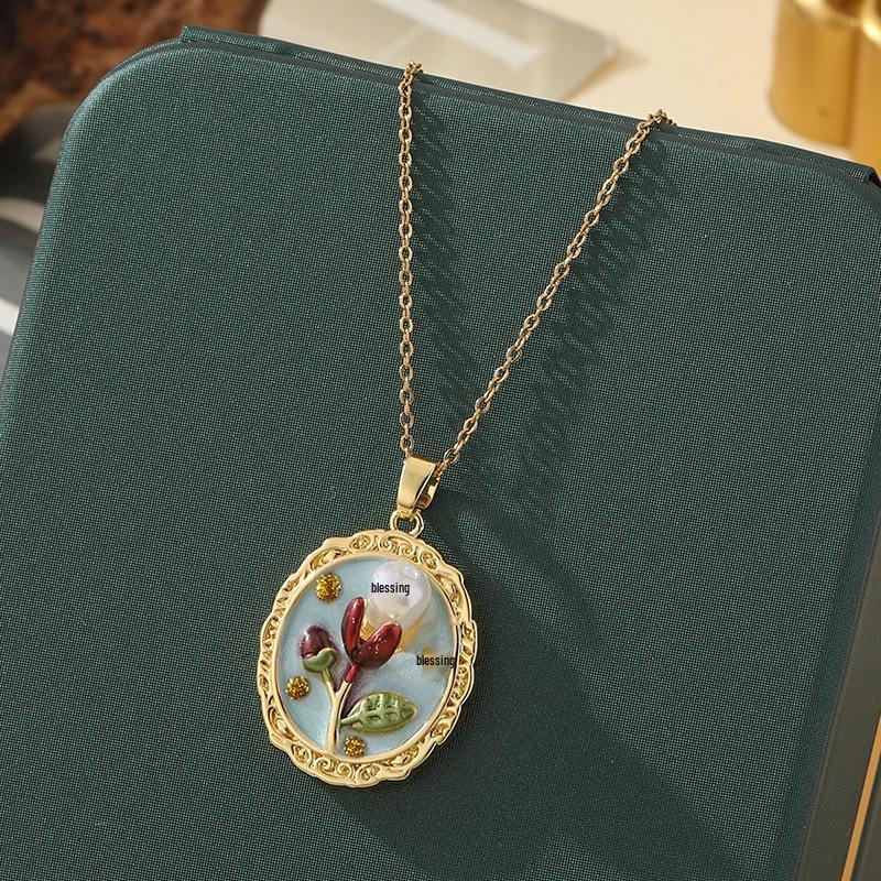 Monet-Inspired Flower Pendant Necklace, Hand-Painted, High-End Stainless Steel Clavicle Chain, New Chinese Style