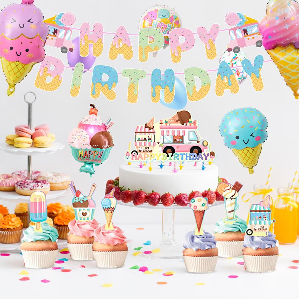 80pcs Ice Cream Birthday Party Decorations, Pastel Ice Cream Balloon Cake Toppers Banner Etc