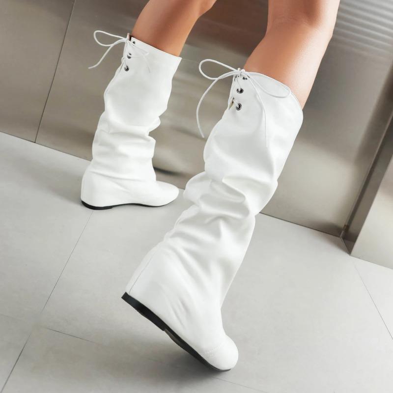 Ladies' Fashionable Solid Color Casual Boots with Pleated Detail Comfy Wedges Heels Slouch Boots Mid Calf Back Lace Up Shoes