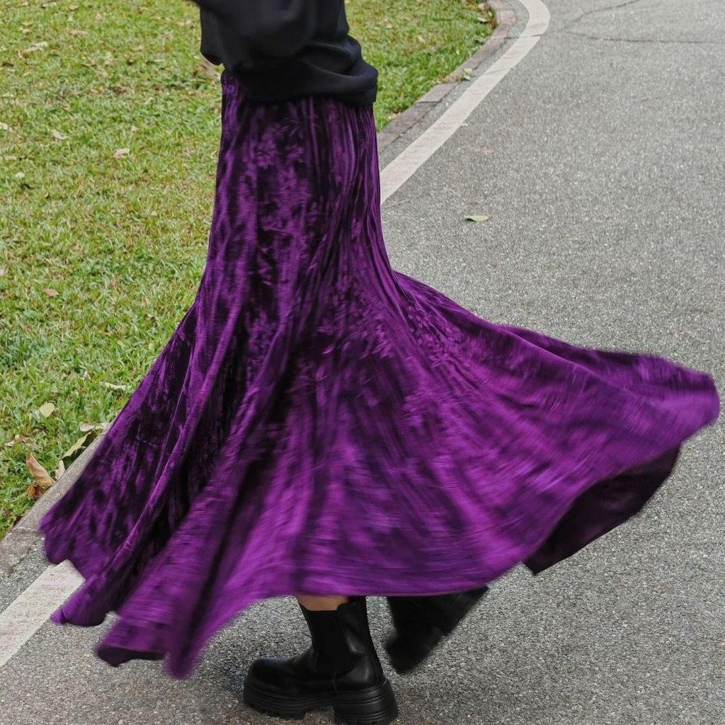 Elegant High-Waisted Dark Purple Velvet Mermaid Skirt - Slimming Autumn/Winter Style with Large Hem