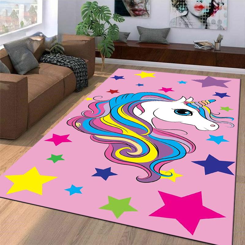 Unicorn Printed Carpet with Colorful Stars on Pink Background Decor Suitable for use as an anti-slip for living room bedroom sofas