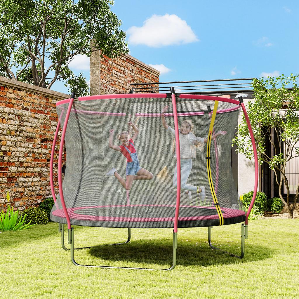 10ft Outdoor Trampoline with Enclosure Net, Spring Cover, Pink