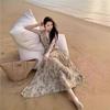 Summer New Waist-cinching Slimming Vintage Long Dress French Pleated Print V-style Elegant Neck Dress for Women