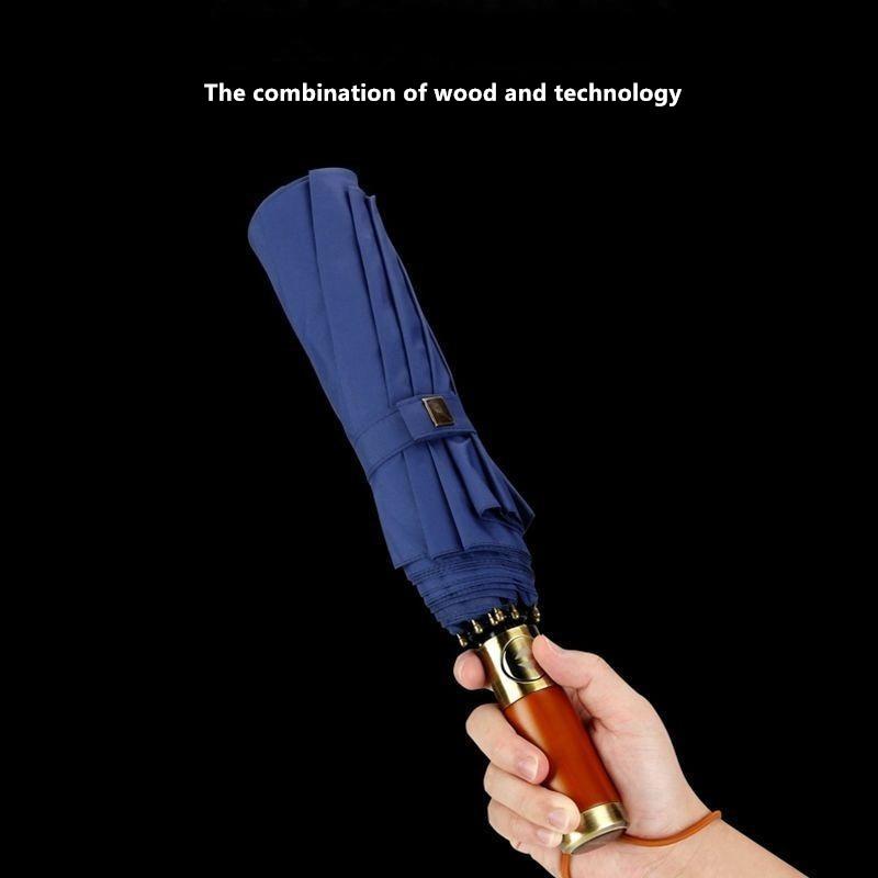 High-end Solid Wood Short Handle Umbrella Fully Automatic Reinforced Windproof Rainproof Enlarge Business Advertising Umbrella