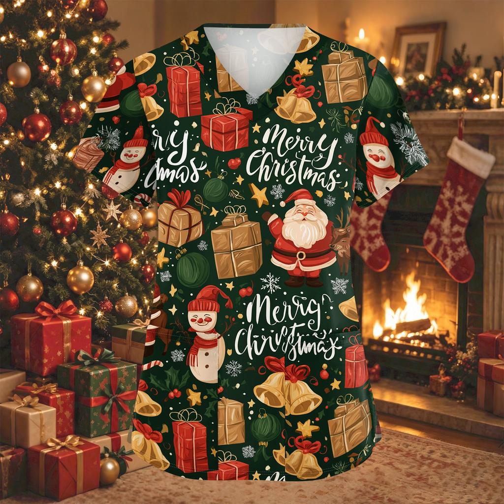 Women's V-Neck Short Sleeve Christmas Print Work Tunic Top with Pockets and Side Slits