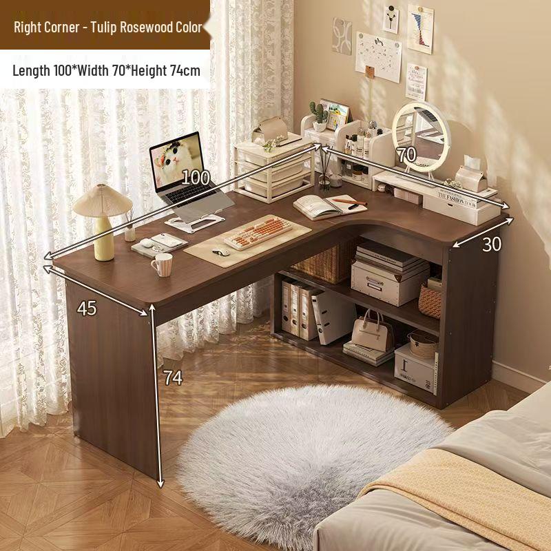 Compact Corner Computer Desk with Integrated Bookshelf & Vanity for Bedroom or Home Office
