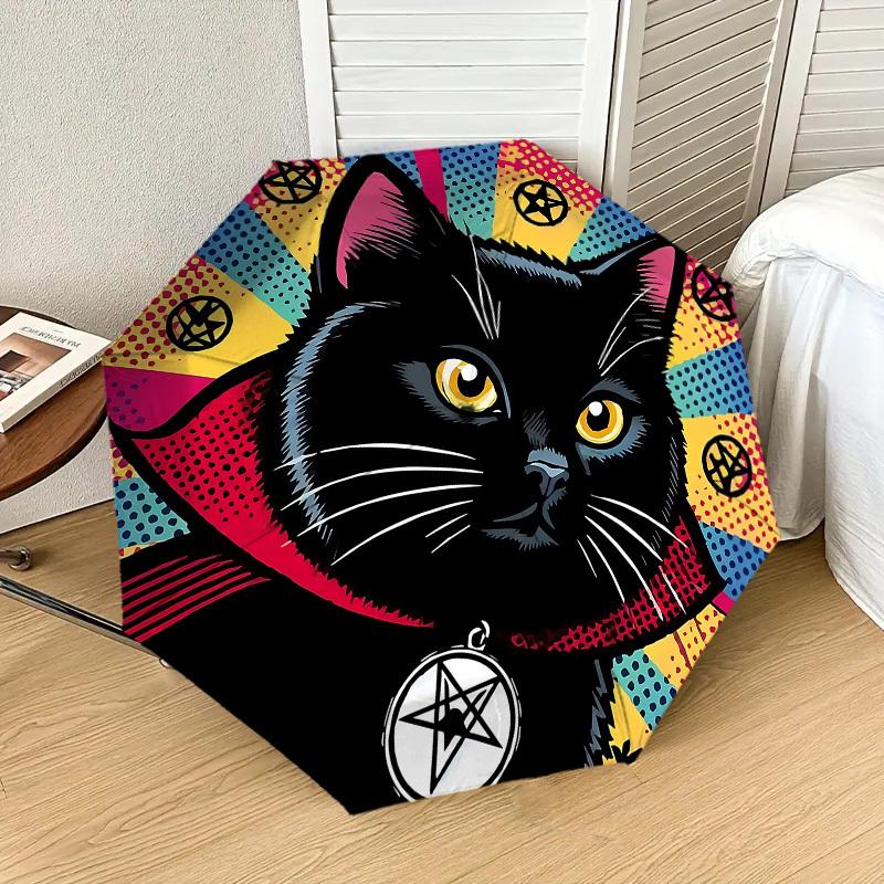Black Cat with Pentagram Necklace Pop Art Print Umbrella - Auto Open/Closed, Outdoor Travel Accessory, Lightweight and Durable 056