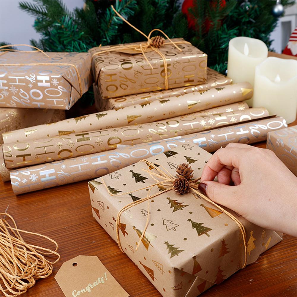 300*43cm Weihnachten Kraft Geschenkpapier Heißfolienprägung Weihnachtsmuster Neujahrsparty Deko Geschenkverpackung DIY Bastelpapier
