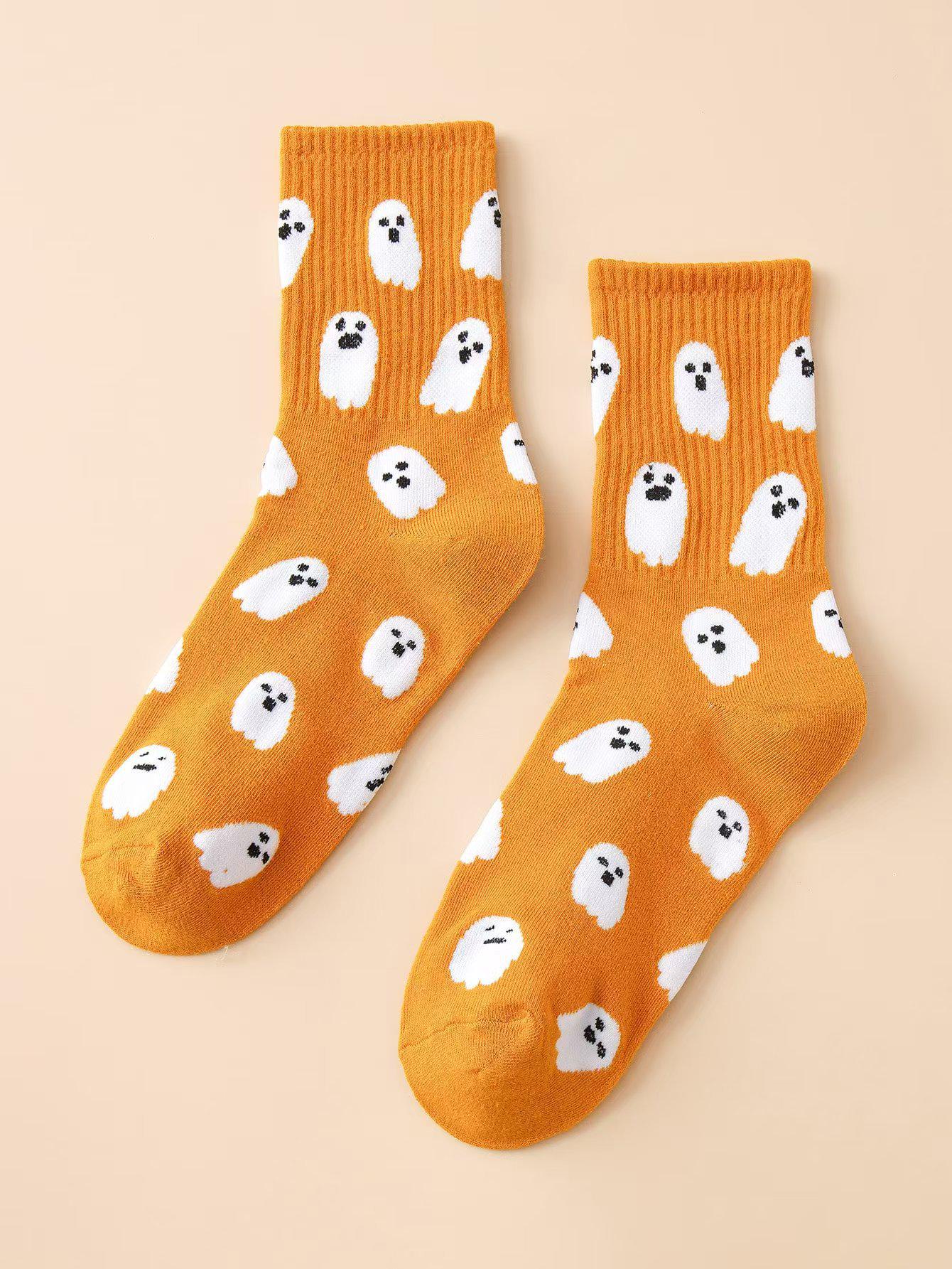 Women s Summer Mid-Calf Ghost Socks - Cute Halloween Design оранжевый