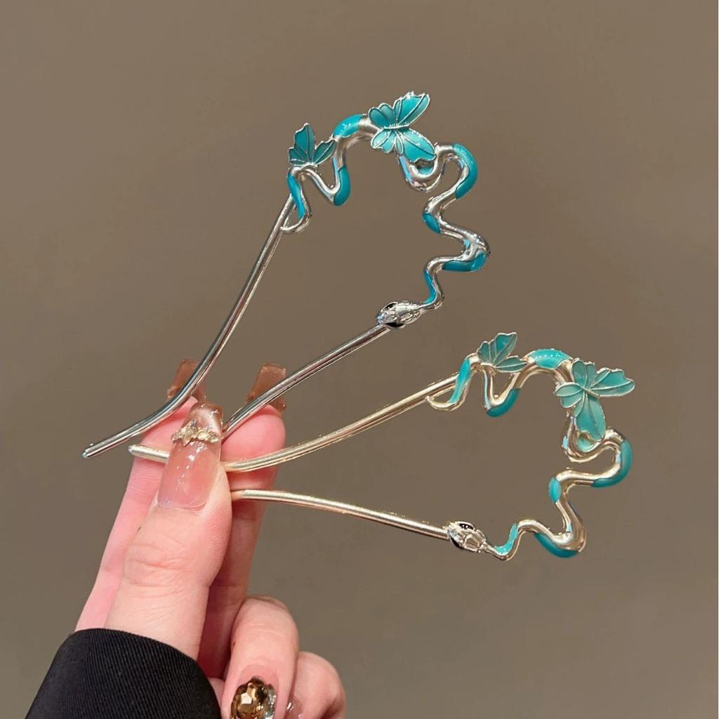 Snake Hairpin Vintage Advanced Sense Chinese Style Hair Stick Metal Flower Hair Pin Plate Hair Retro Hair Clip Hair Accessory