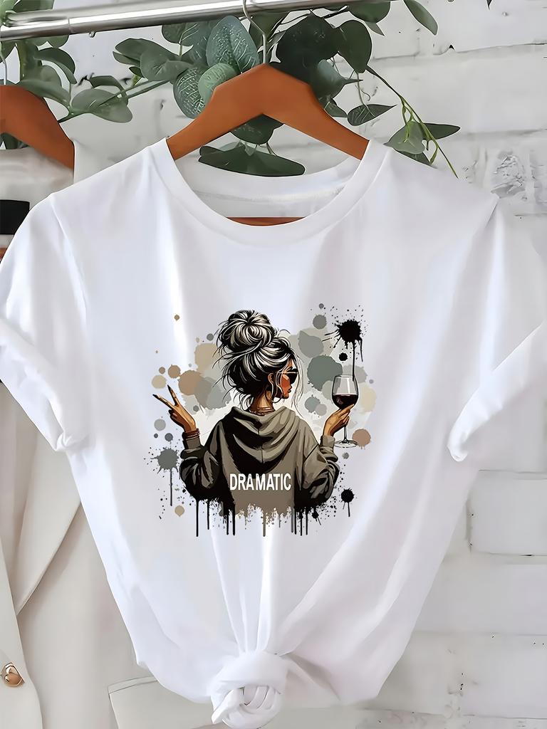 Women'sT-Shirt Dramatic Woman with Wine Glass Art Print Casual Everyday  Formal Outfits  Elegant Tee for Theater Events  Parties