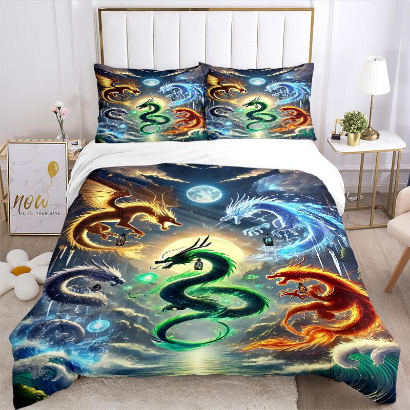 3pcs Mythical Dragons Duvet Cover Set, Cover For Bedroom Guest Room (1 Duvet Cover + 2 Pillowcase, Without Quilt),  yy250922161
