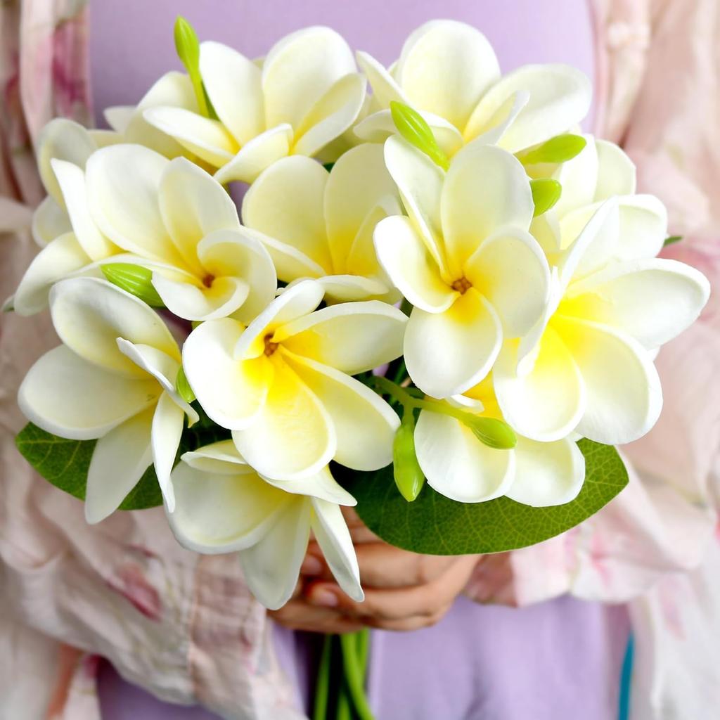 5PCS PU Real Touch Lifelike Artificial Plumeria Frangipani Flower Stems Wedding Home Party Spring Flowers Decoration (White)