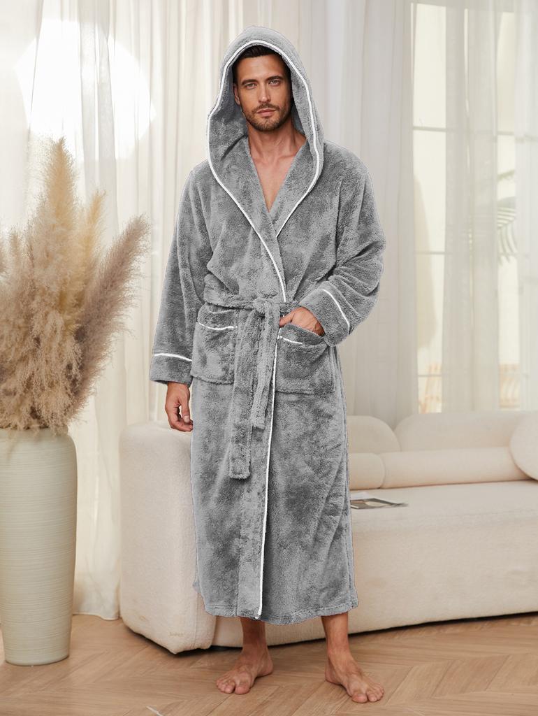 Men's Hooded Robes Full Length Spa Bathrobes Soft House Sleepwear Coat with Pockets Winter Warm Plush Fleece Robe Hooded Fluffy Robes for Men