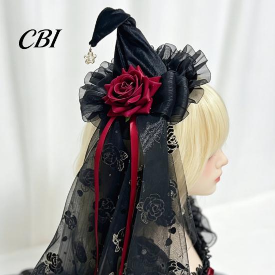Halloween Night Essentials Witch Hat with Rose for Women, Gothic Vintage Mini Wizard Creative Props Headpiece Veil Costume, Dress Up, Masquerade Party