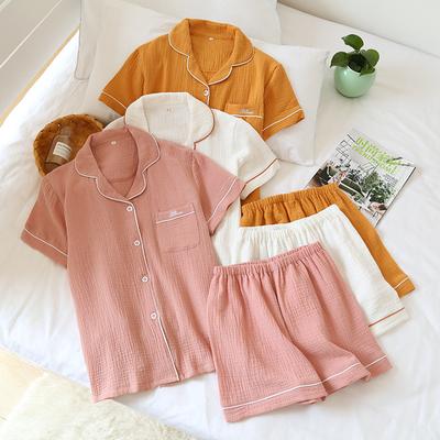 Yazlık Çift Pijama Takımı Saf Pamuk Krep Kadın Düz Renk Basit Kısa Kollu Gömlek Şort Pijama Takımı Kadın