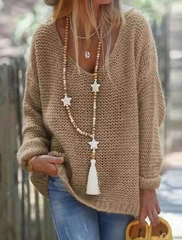 Loose V-Neck Knit Sweater for Women - Spring & Autumn Long Sleeve