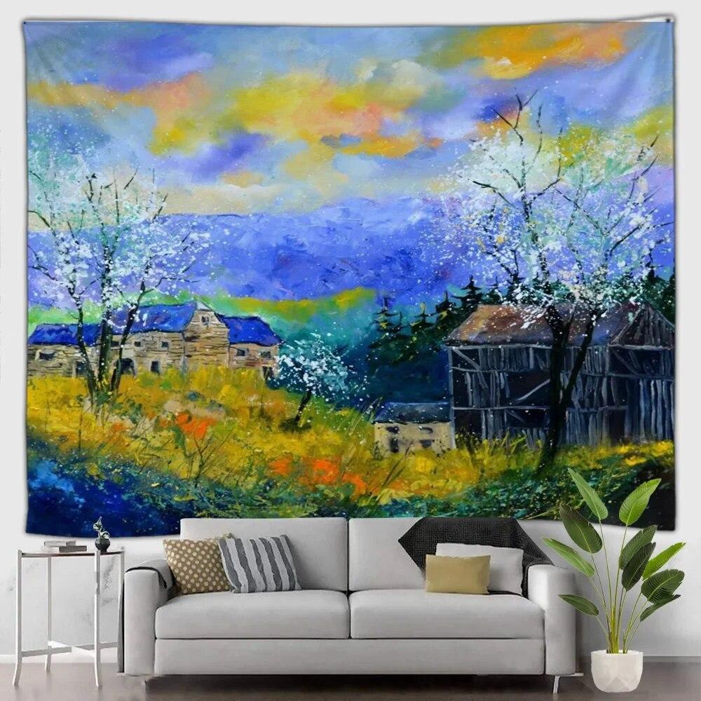 Gobelin leśny wodospad krajobraz zewnętrzny piękny las obraz olejny wiszący na ścianie dekoracyjny koc sztuka salon mural