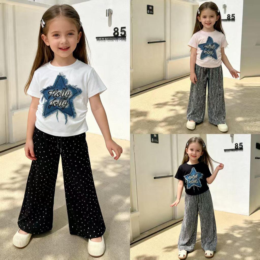 Girls' 2026 Summer Denim Star Two-Piece Set: Short Sleeve Top & Loose Long Pants