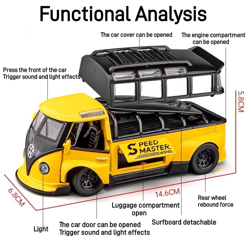 DDM Volkswagen T1 Transporter Bus Modified Simulation Diecast & Toy Vehicles Sounds & Light Pull Back Car 1:32 Alloy Model