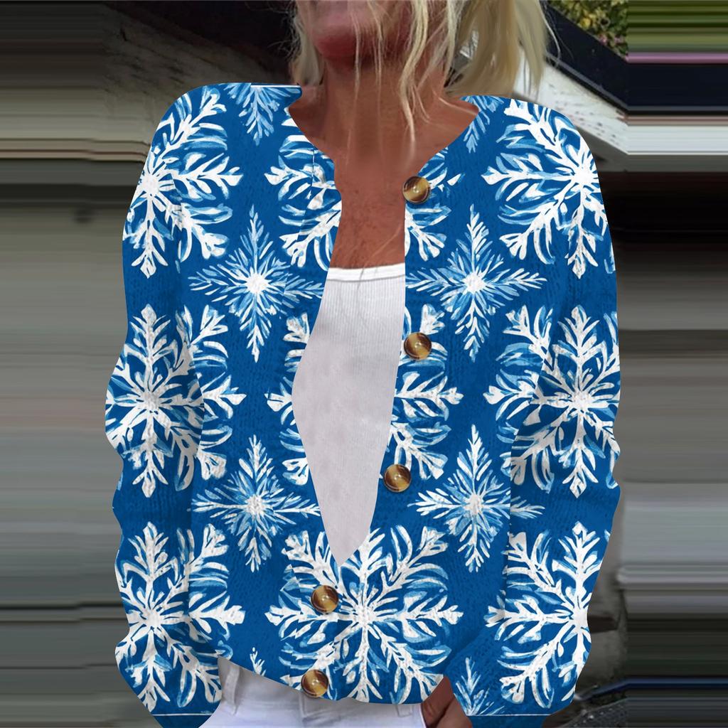 Women's Fashion Printed Long Sleeve Knitted Cardigan Button Down Jacket