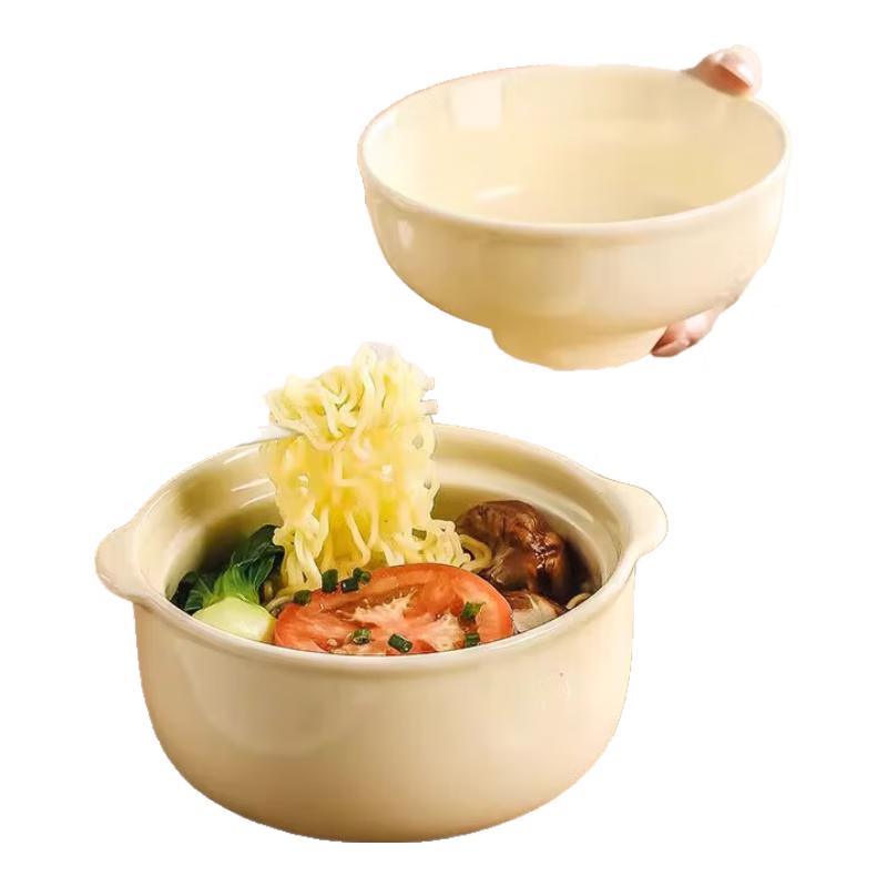 Cute Cream Ceramic Instant Noodle Bowl with Lid 6 inch