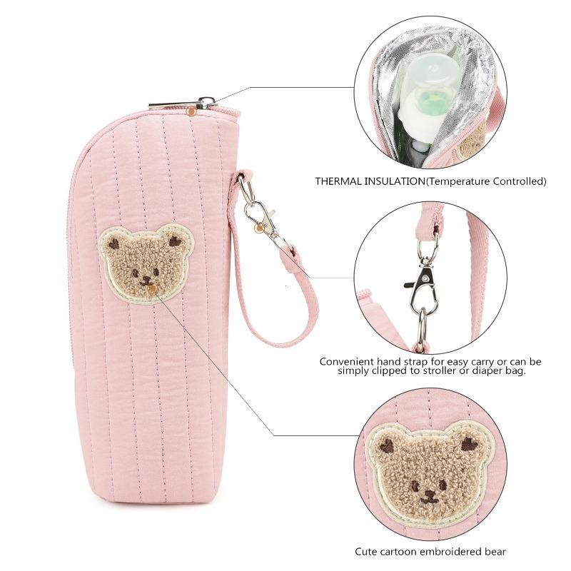 Design Baby Bottle Tote Bag With Aluminum Foil Insulation Bags Cute Bear Water Bottle Thermal Storage Pouch With Stroller Hook