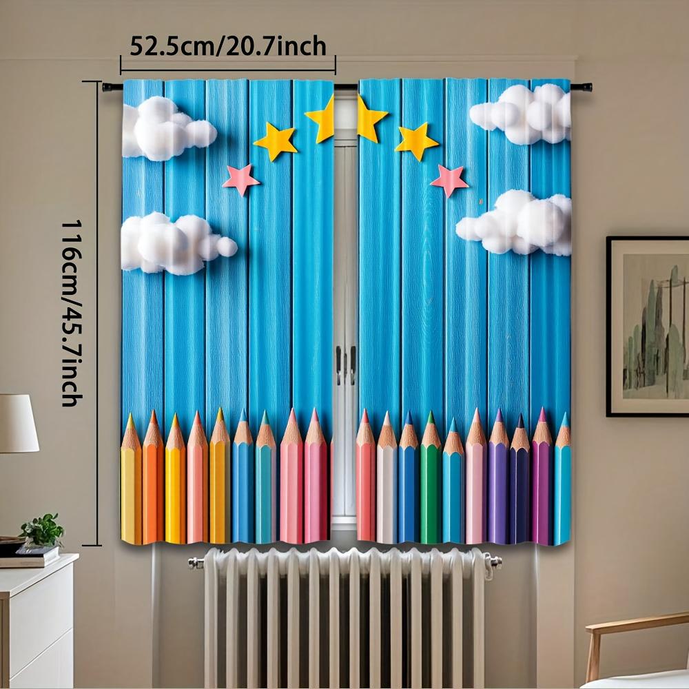 Cartoon Blue Pencil Curtains Rainbow Cloud Stars Kids Room Nursery Window Drapes Cute Playful Design Decor for Children's