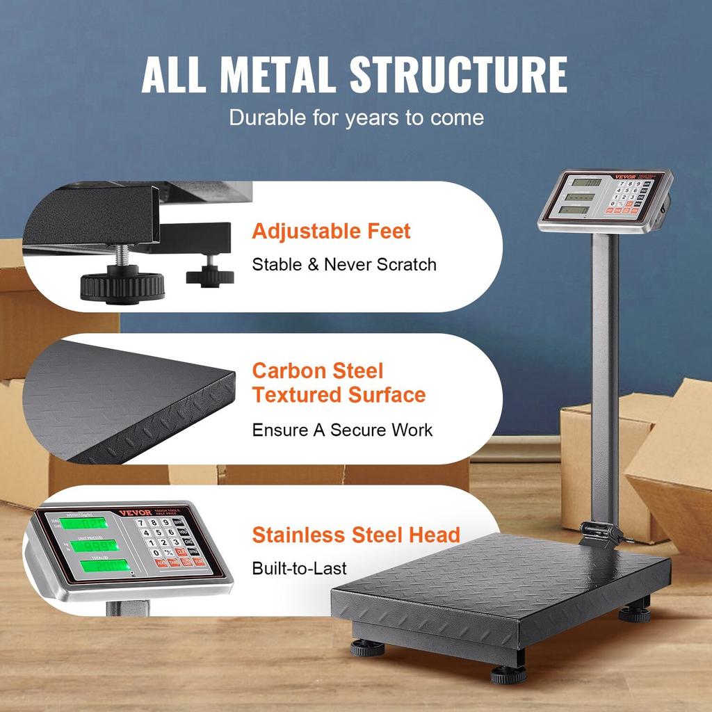 Computing Digital Platform Scale, 300 kg Load, 50 g High Accuracy, Electronic Floor Scale with LB/KG, Tare, Price Calculator, AC/DC Power Supply, Fit