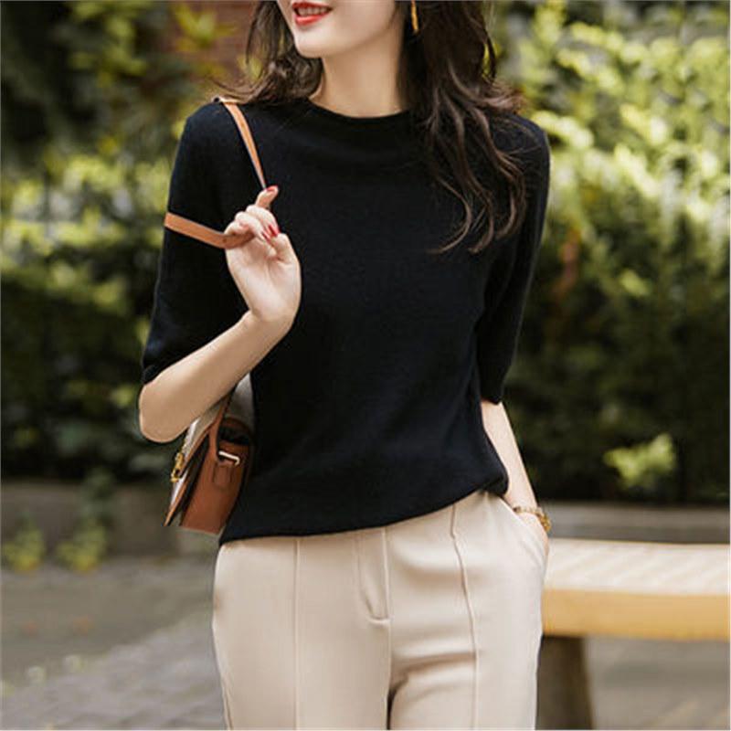 

Летний женский топ из ледяного шелка облегающего кроя с высоким воротом и короткими рукавами, 2024 One Size